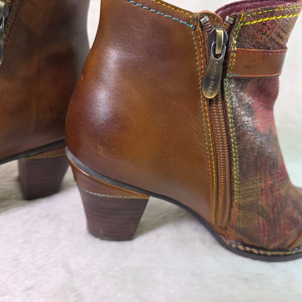 Spring Step L'Artiste Ankle Boots Brown Floral Leather Heels Womens 37 6 - Picture 4 of 8